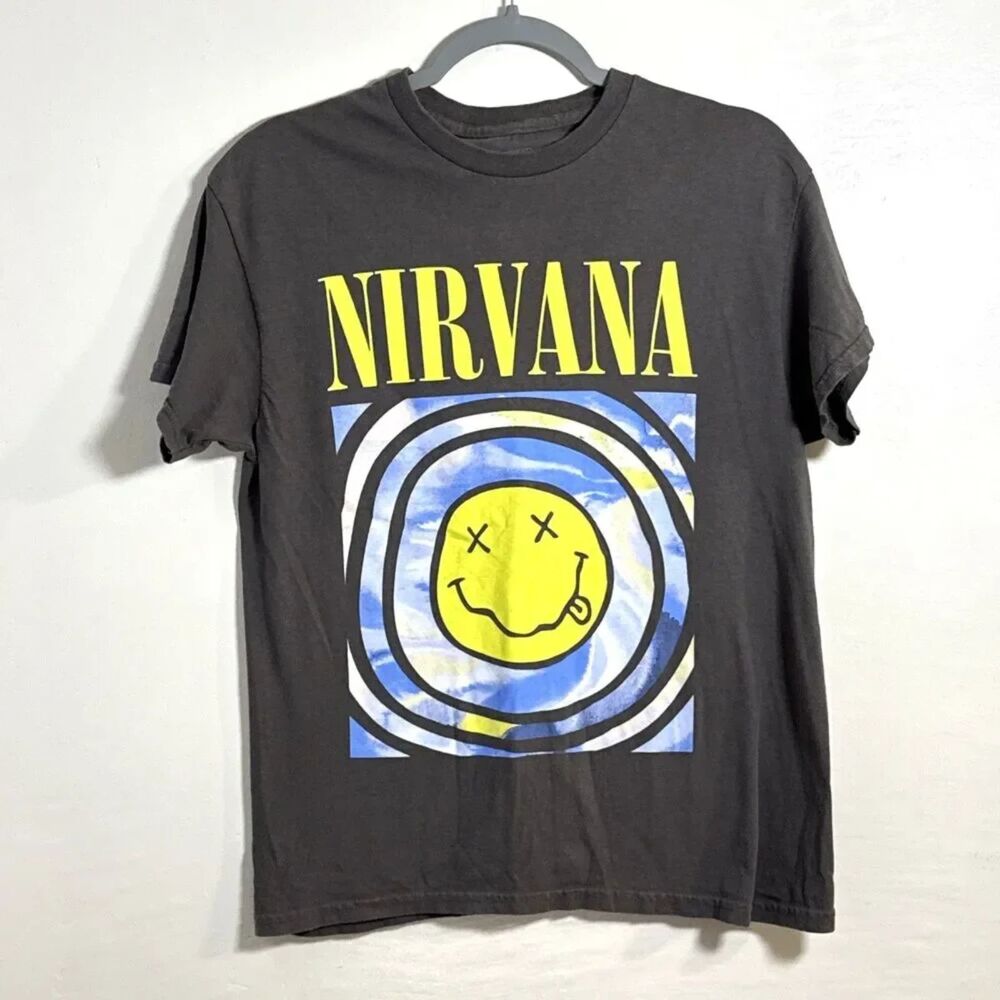 Nirvana Men's Dark Gray T-Shirt S Cotton Smiley Graphic Short Sleeve Crew Neck